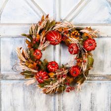 HARVEST WREATH WITH PUMPKINS, STRAW, BERRIES ON A TWIG BASE,