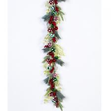 CHRISTMAS GARLAND WITH ORNAMENTS AND BERRIES, GREEN, RED, 60