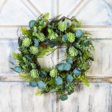 SUCCULENT/GREENERY WREATH ON A TWIG BASE, 10 IN RIM, 20 IN D