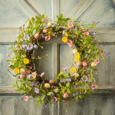 MIXED SPRING FLOWER WREATH WITH EGGS ON A TWIG BASE, 10 IN D