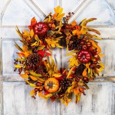 MIXED FALL WREATH WITH PUMPKINS, CONES, PODS, BERRIES ON A T