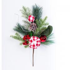 CHRISTMAS SPRAY WITH FABRIC CHECK ORNAMENTS AND BERRIES, 18 